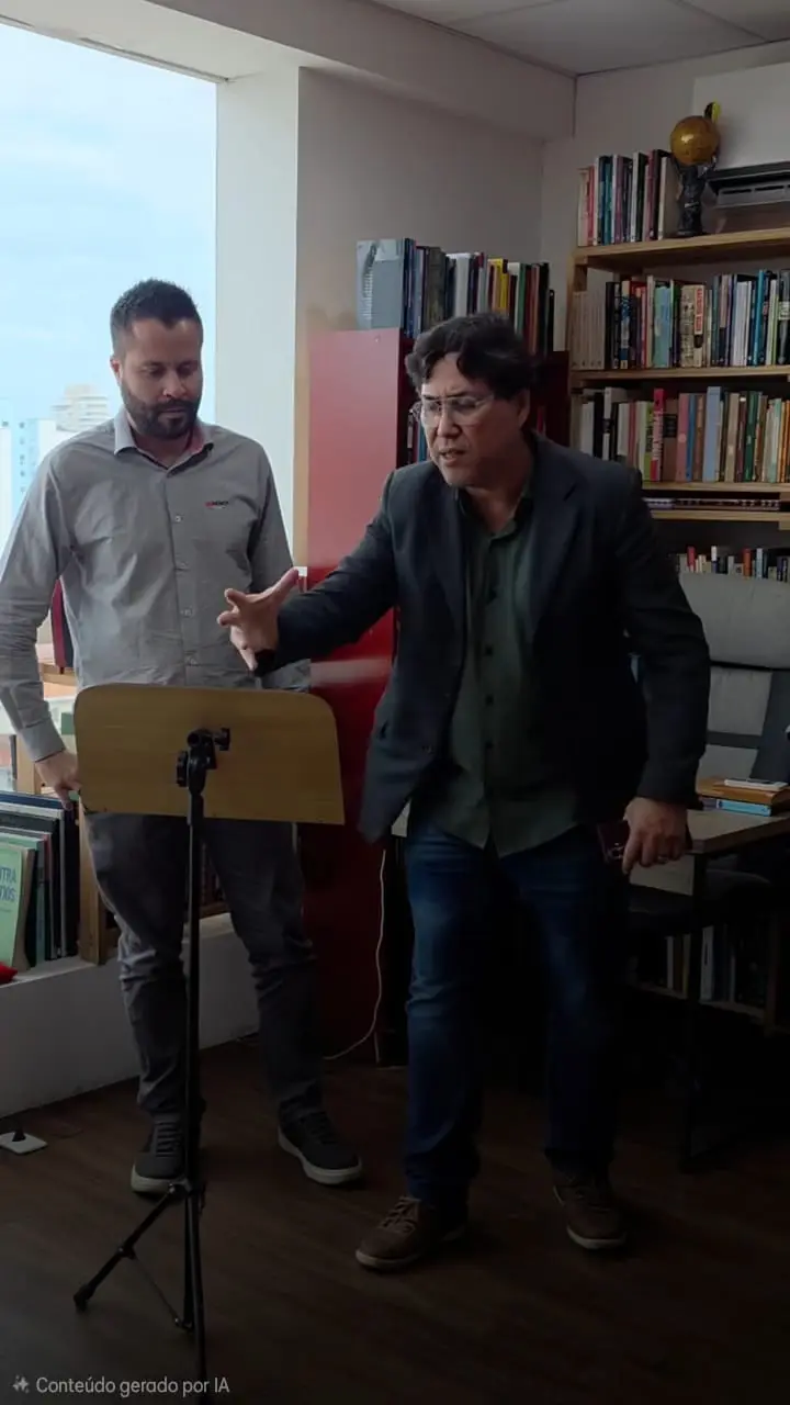 Aluno apresenta atrás de uma estante de partitura enquanto Fabio Blanco gesticula durante a correção